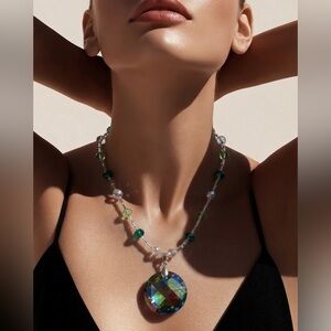 Crystal Pendant Necklace with Green Accent Beads